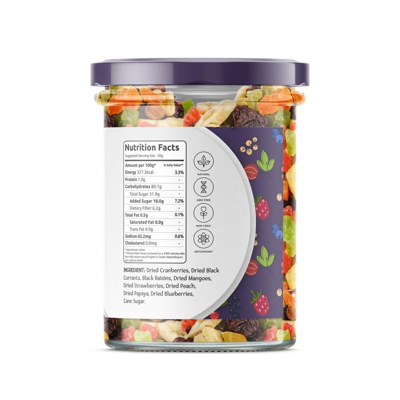 Greenfinity Mix Berries - Dried Cranberries, Dried Black Currants, Black Raisins, Dried Mangoes, Dried Strawberries, Dried Peach, Dried Papaya, Dried Blueberries, Cane Sugar200g (Pack Of 2)