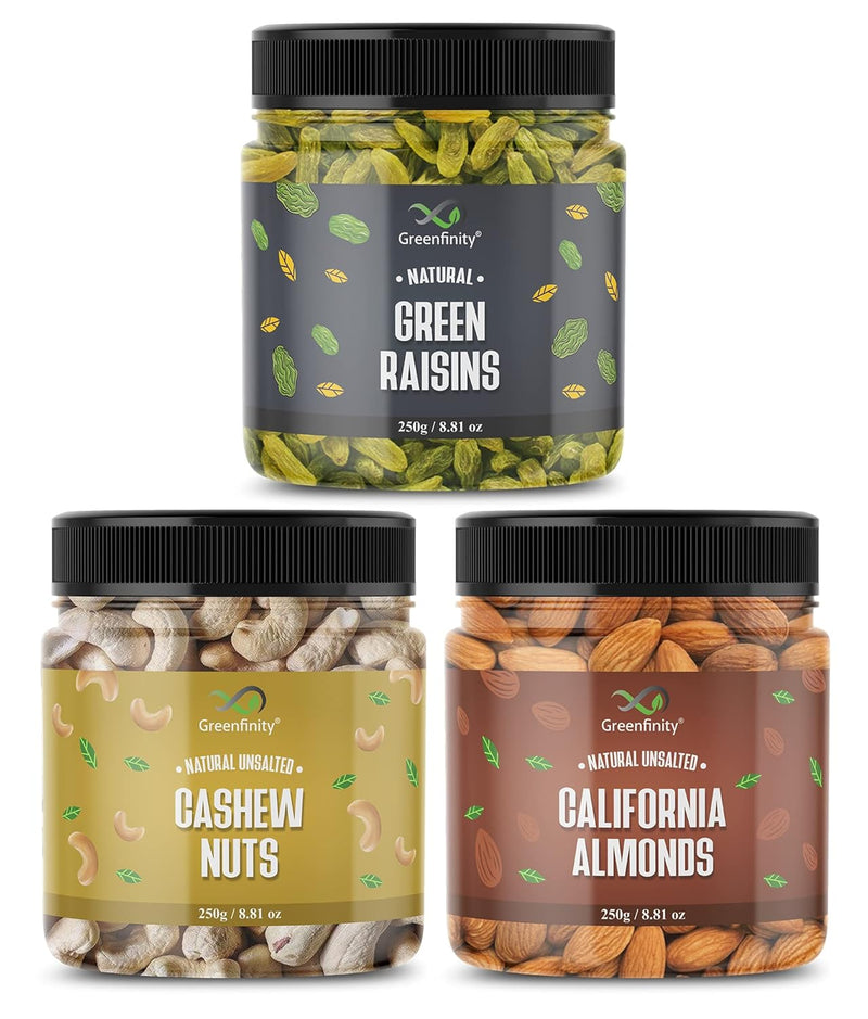GreenFinity Mixed Dry Fruit (Almonds, Cashew Nuts, Green Raisin - 250g (Pack of 3))