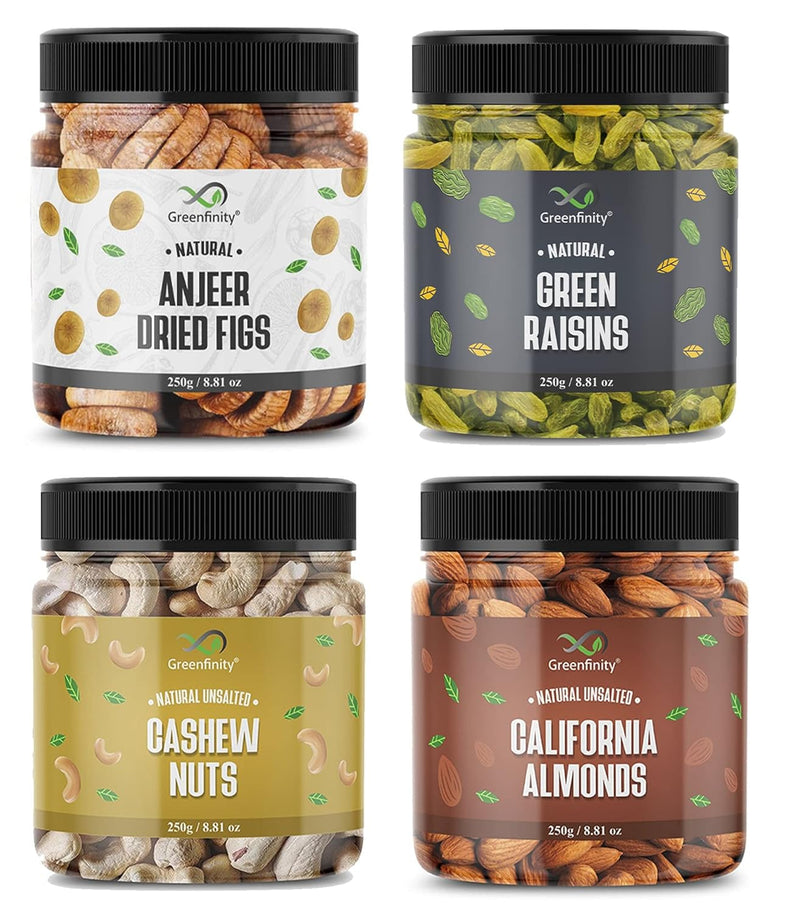 GreenFinity Dry Fruits Combo Pack - 1kg (Almonds, Cashews, Green Raisins, Anjeer - Each 250g)